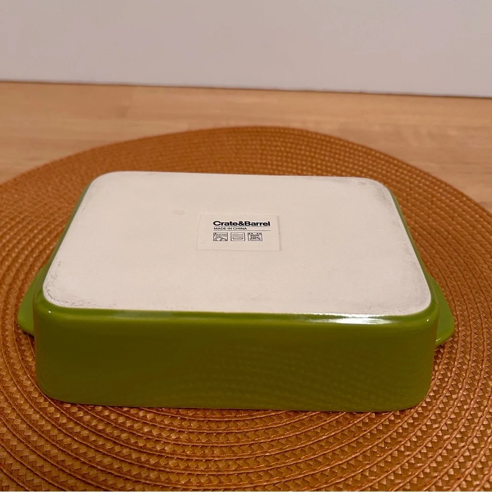 Crate & Barrel Avery Ceramic Baking Dish Green With White Interior & Handles